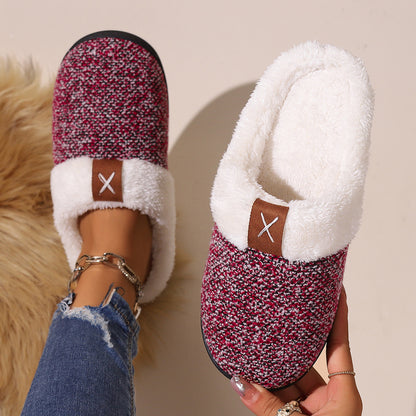 Thick-sole plush house slippers in burgundy