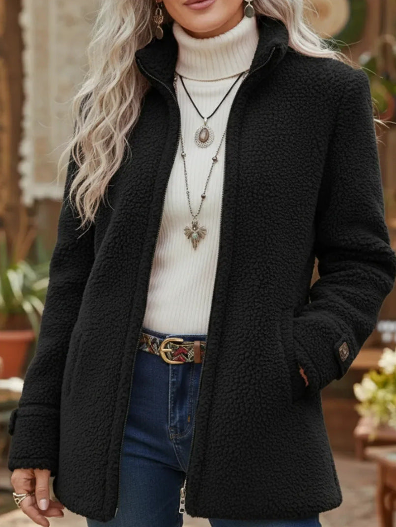 Black fleece stand-collar zip jacket