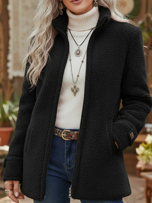 Black fleece stand-collar zip jacket