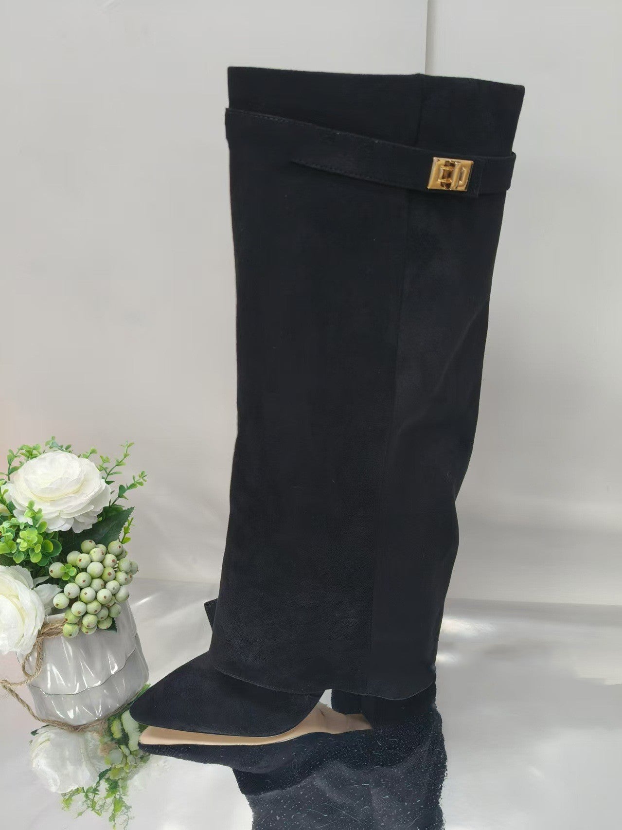 Black matte mid-calf boots