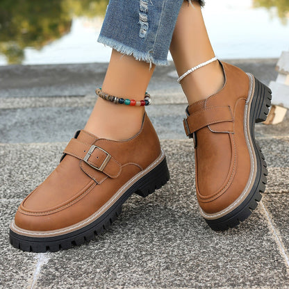 Brown platform buckle loafers