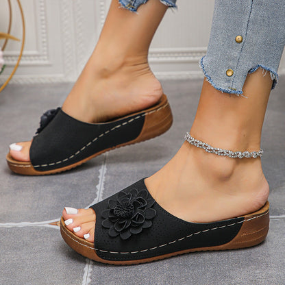 Black flower wedge sandals