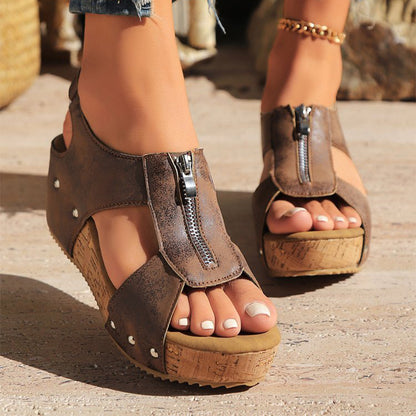 Zip-Up Wedge Sandals worn outdoors