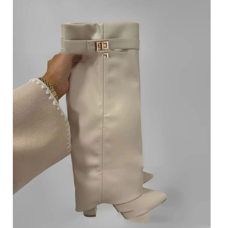 Beige leather mid-calf boots