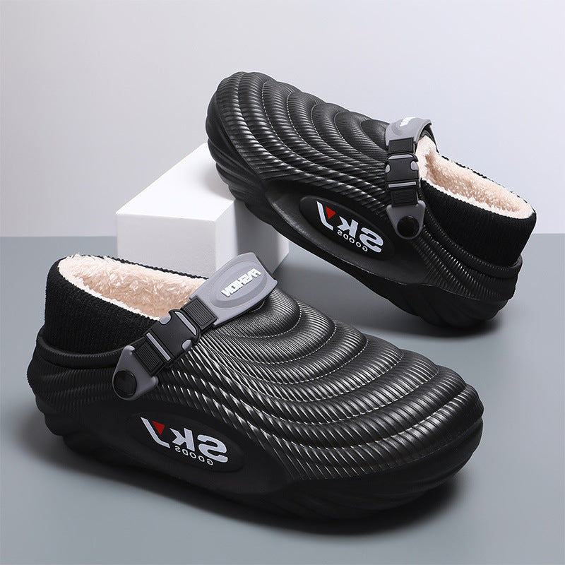 Men's Thick-Sole Fleece-Lined Winter Slippers - Black