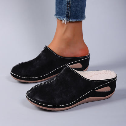 Cozy Fleece-Lined Wedge Slippers for Women - Black