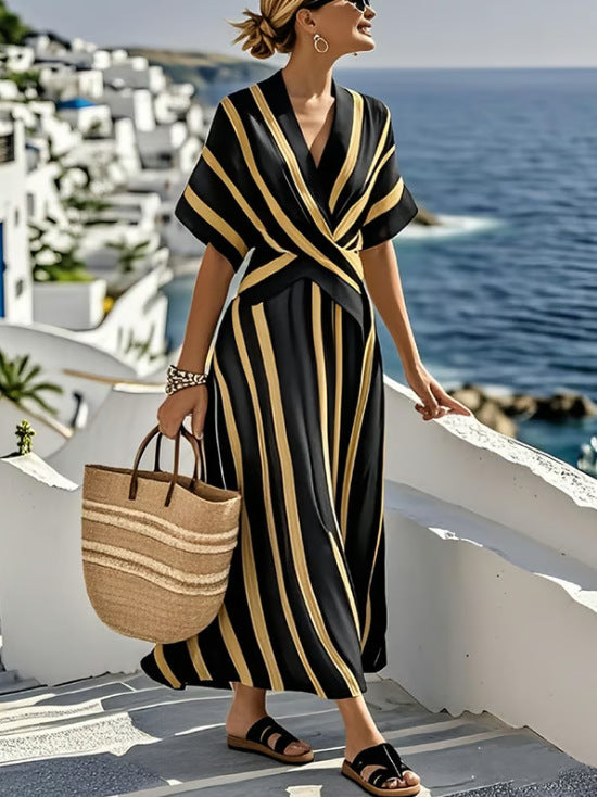 Yellow striped boho beach maxi dress