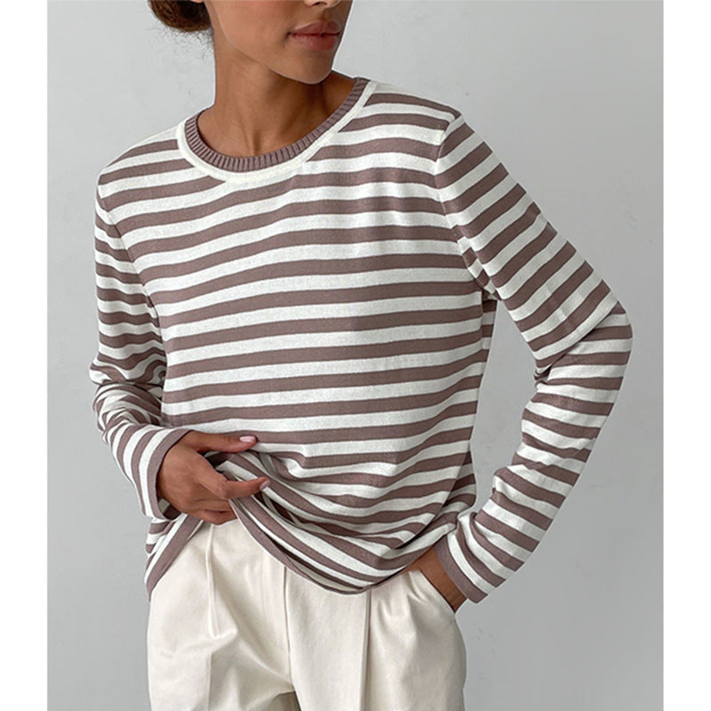Coffee stripe soft knit crewneck sweater for women