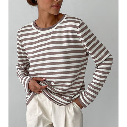 Coffee stripe soft knit crewneck sweater for women