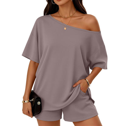 Taupe slant-neck top and shorts lounge set