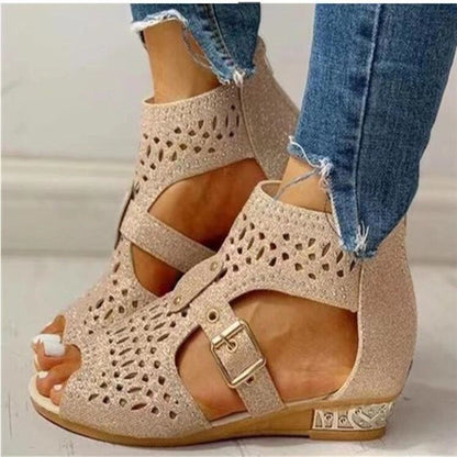 Beige rhinestone cutout wedge sandals