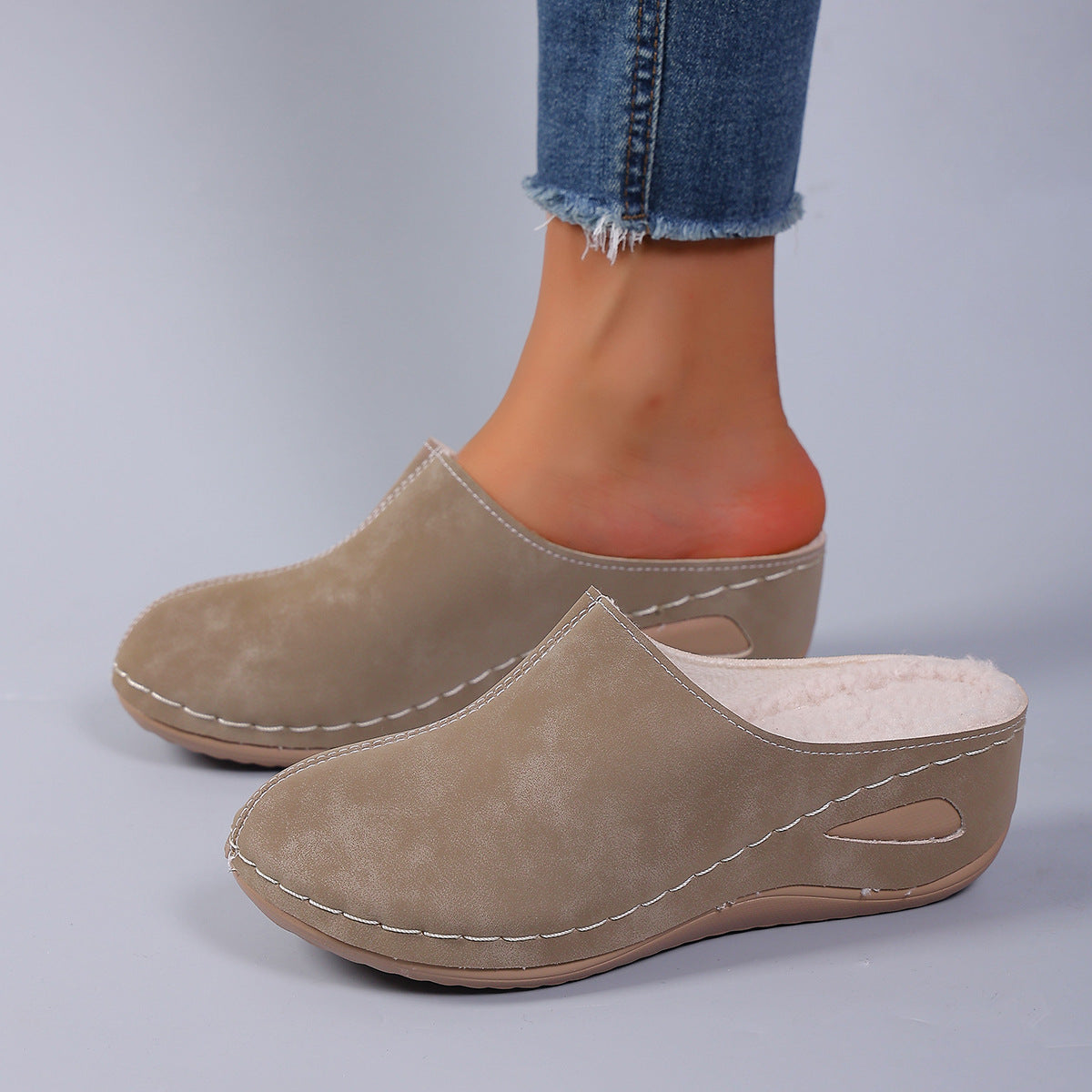 Cozy Fleece-Lined Wedge Slippers for Women - Khaki