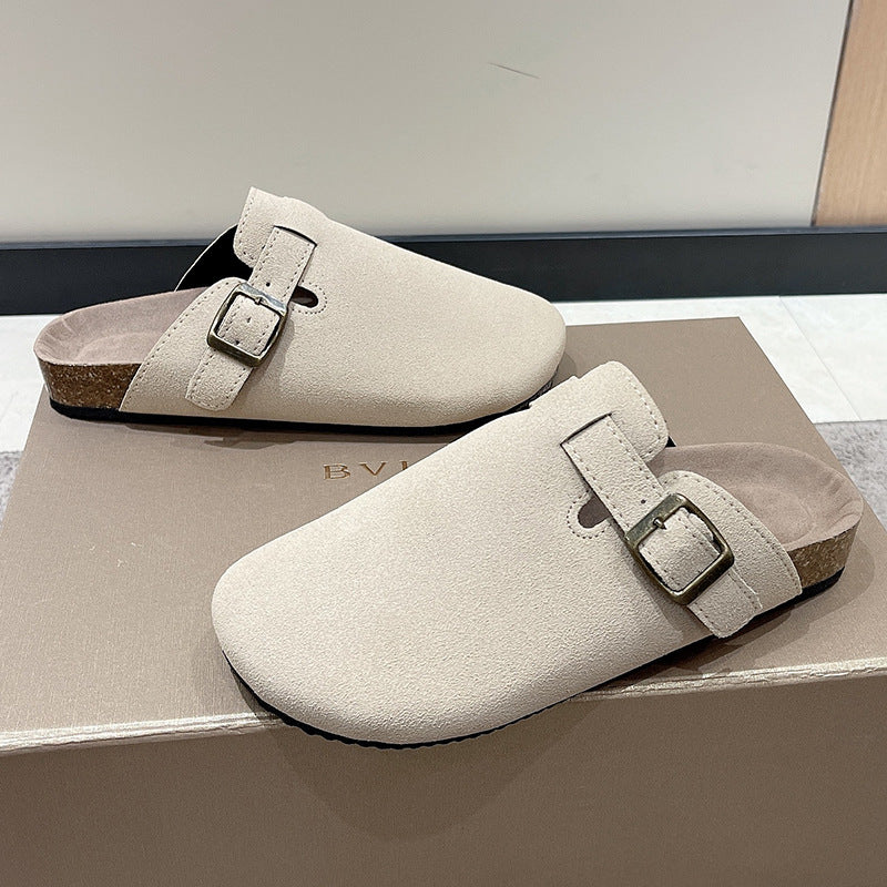 Beige Roman strap slides